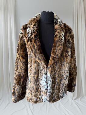 Leopard Print Faux Fur Coat, XL